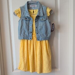 Nannette Yellow Flutter Sleeve Crew Neck Sundress With Jean Vest Set